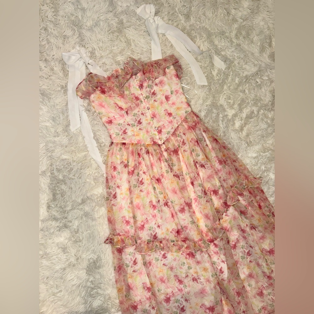 NEW Petal & Pup Zenith Ruffle Tie Strap Maxi Pink Dress sz S - Picture 4 of 7